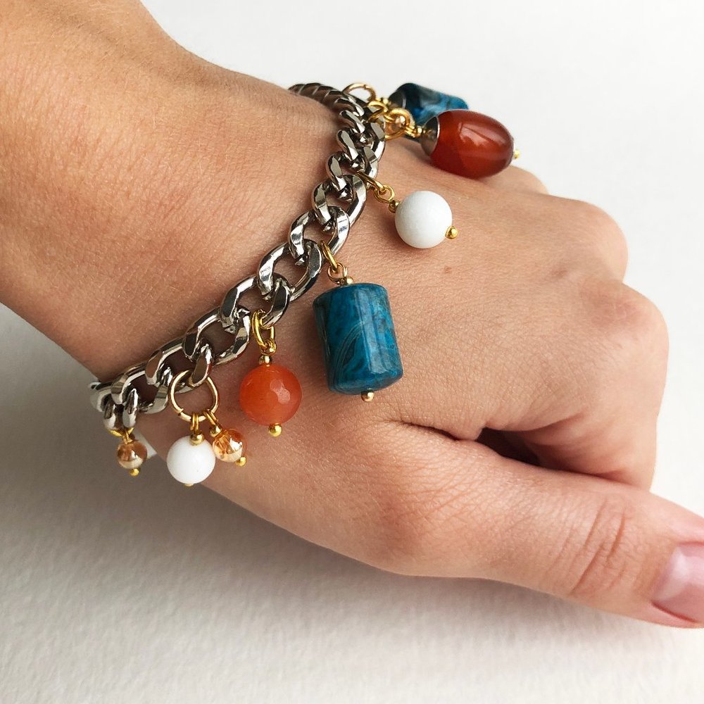 Chunky charm bracelet, curb chain bracelet silver